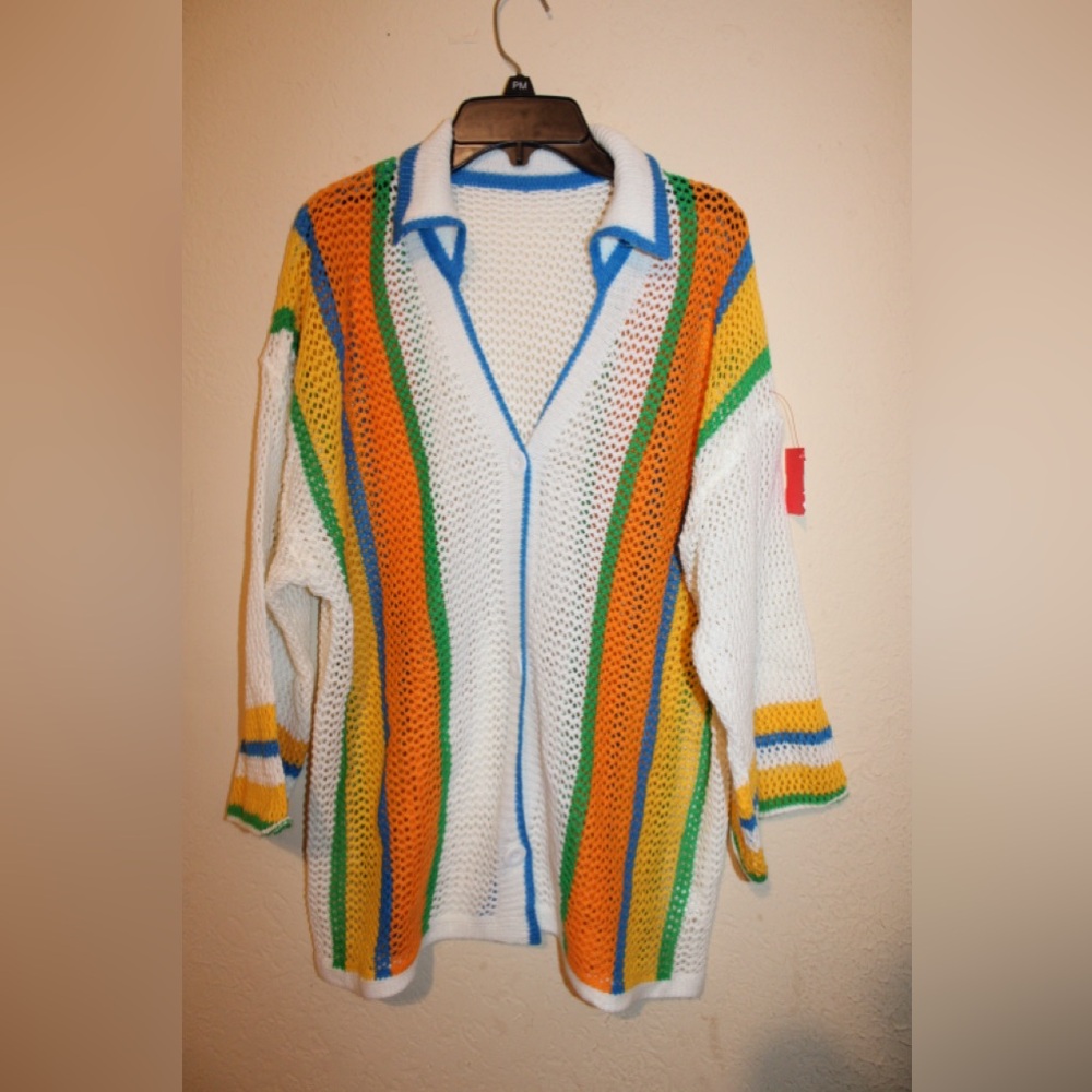 White Open-Knit Striped Cardigan with Blue Trim